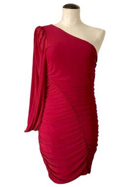 Red Mesh One-Shoulder Ruched Bodycon Dress w/ Statement Bishop Sleeve - Sz M